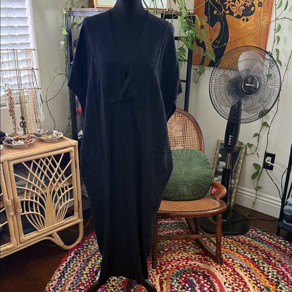Free People Beach Black Sunshower Boho Hippie Kaftan Midi Maxi House Dress